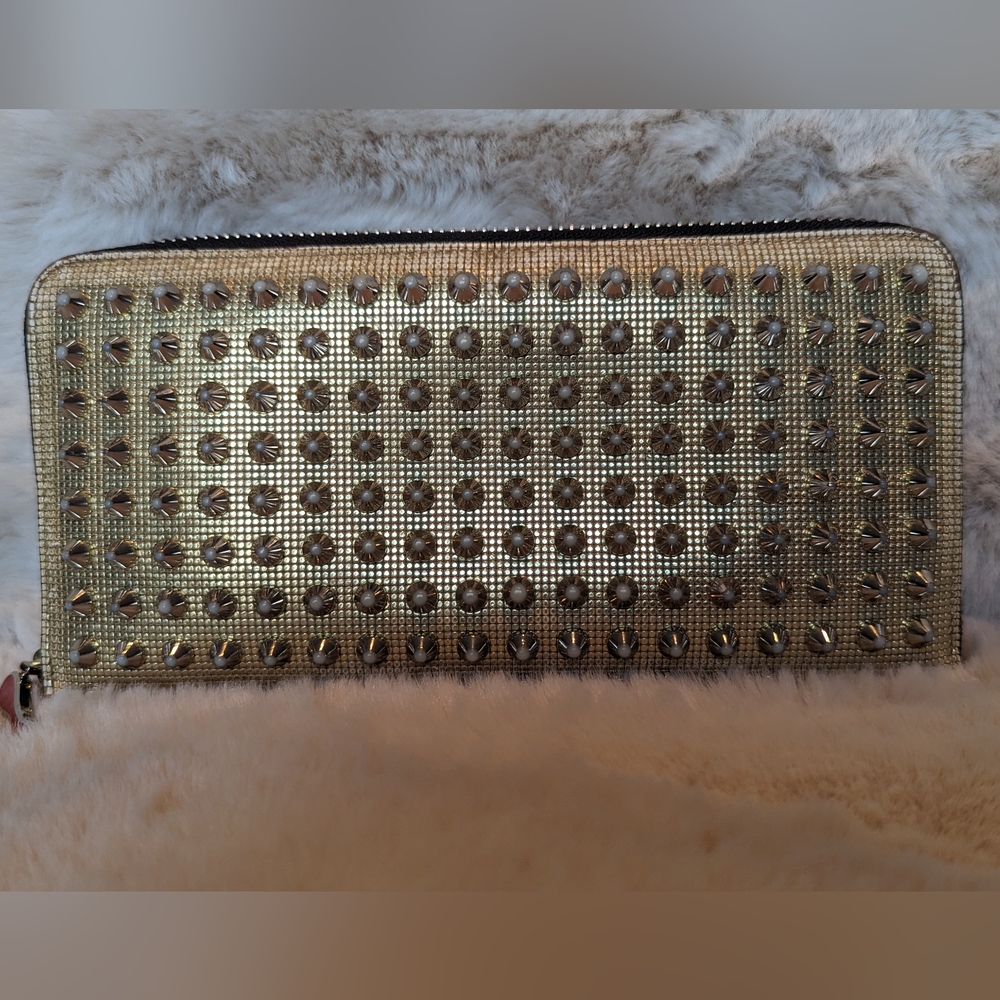 Christian Louboutin Gold Spike Zip Wallet - Red Interior